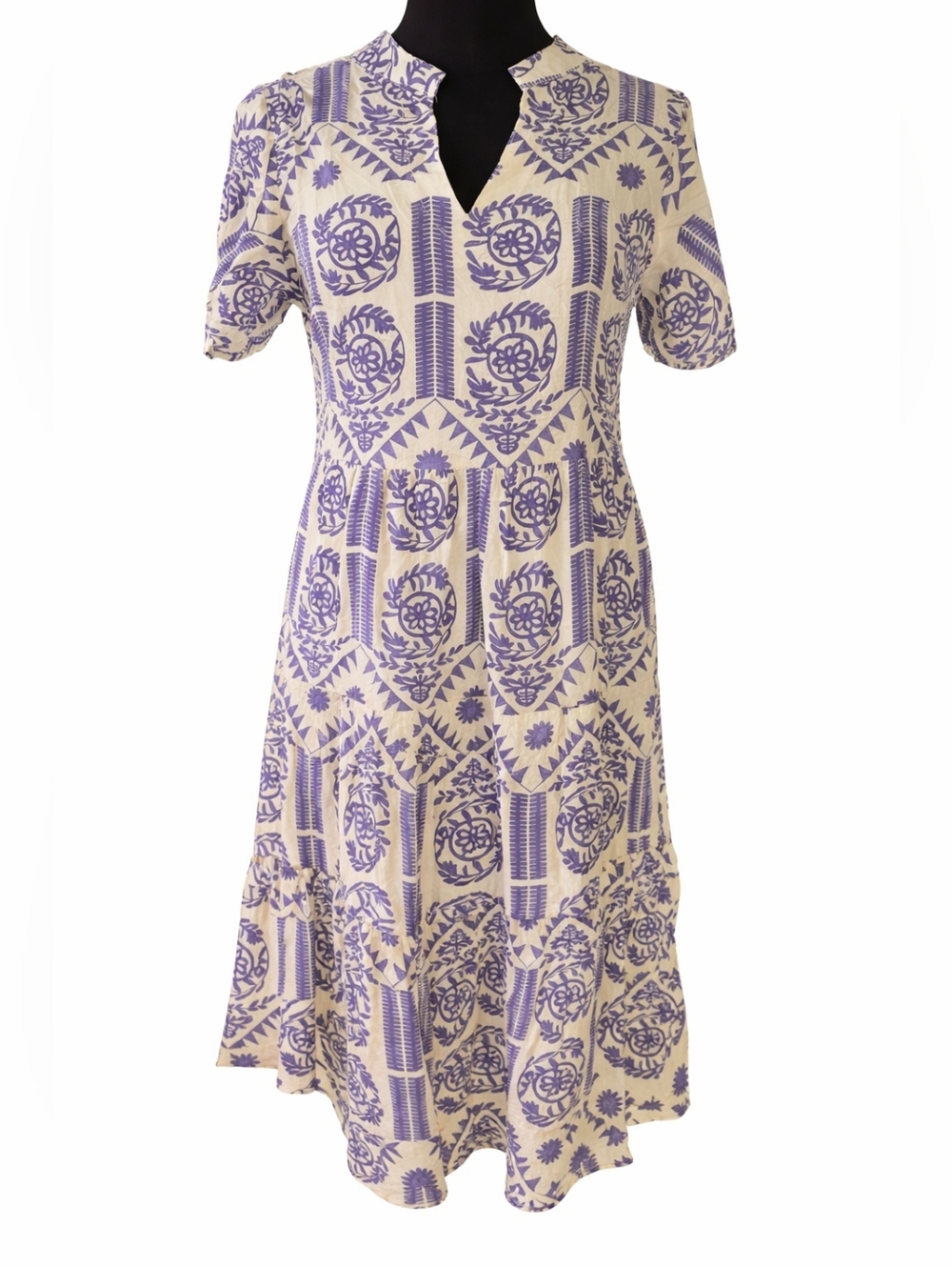 Cream and Purple Blue  Printed V-Neck Midi Dress